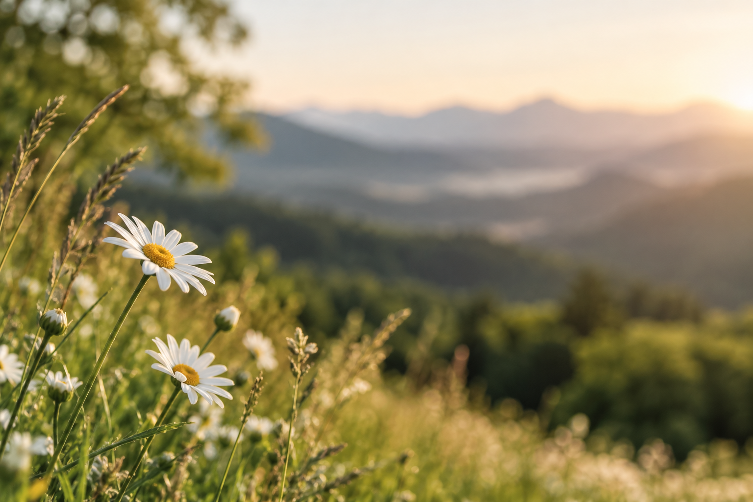 Small white daisies in a sunlit meadow