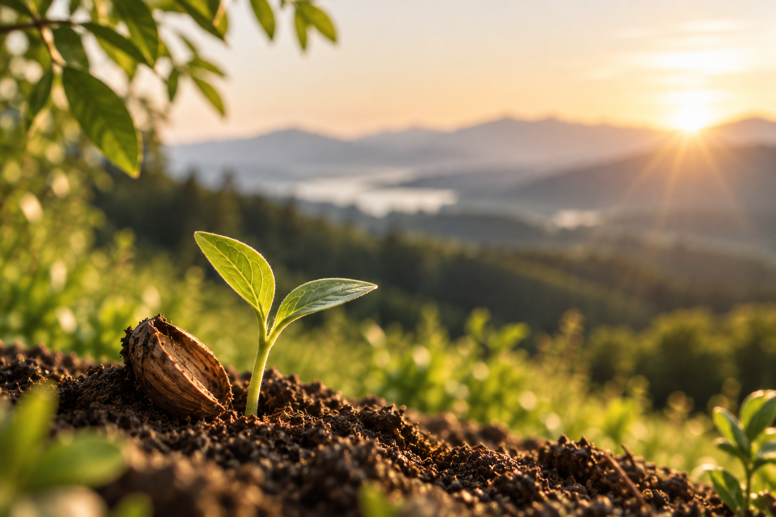 A tiny seedling emerging from the earth in morning sunlight